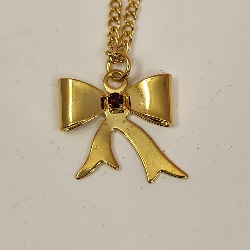 Gold Tone Bow Pendant Necklace Red Rhinestone Coquette Romantic Vintage Gift